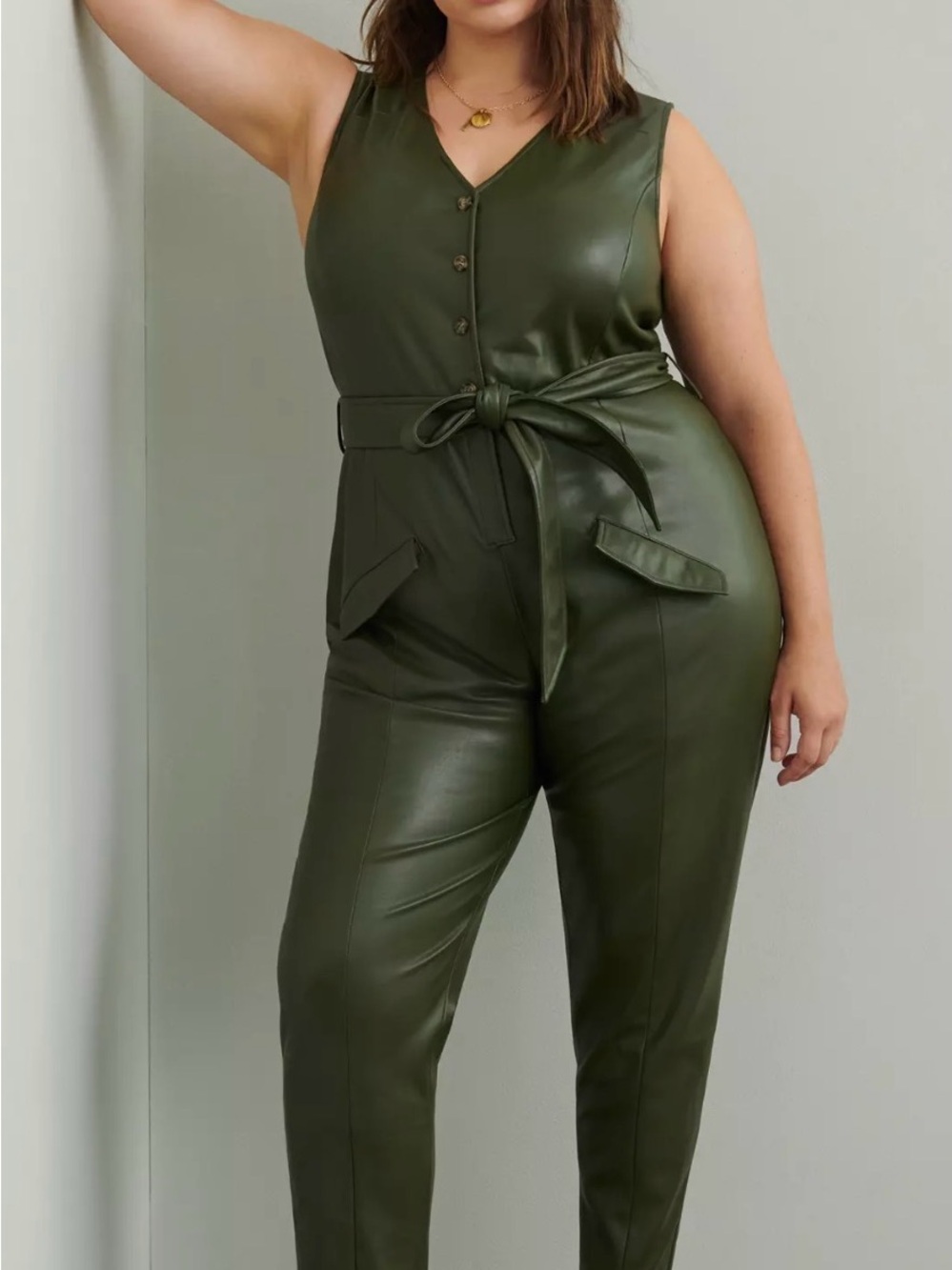 Avec Les Filles Anthropologie Sleeveless Faux Leather Jumpsuit - Olive Green